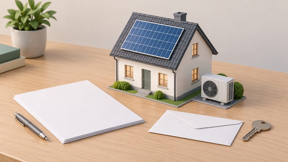 A small model house with a solar panel on its pitched roof and a compact air source heat pump unit standing beside it on the ground, arranged on a desk next to blank application-style paperwork, a sealed envelope and a house key.