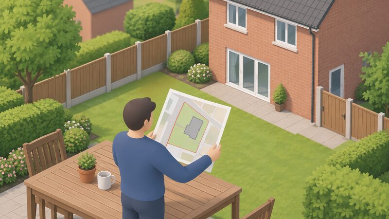 A householder standing at a table outdoors in their garden, holding a printed council planning map sheet showing simplified plot outlines and plain colour bands, and comparing it against the boundary of their own house and garden fence visible beside them.