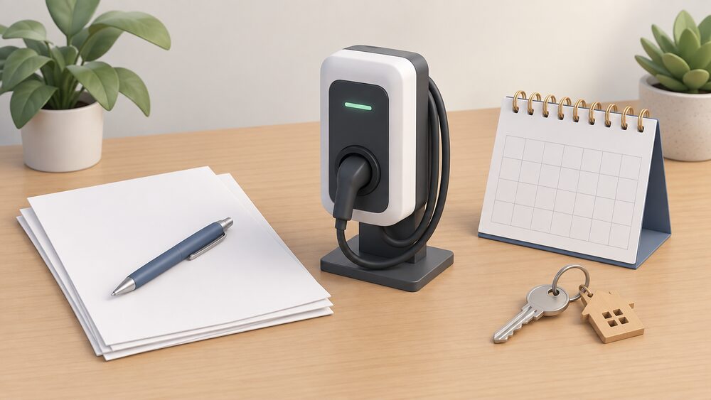 A small model of a wall-mounted electric car chargepoint stands on a table beside blank paperwork, a house key and a calendar, suggesting a household planning ahead for home charging.