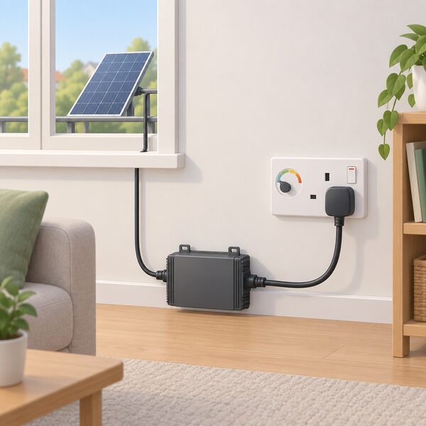 A domestic interior wall with a single household socket-outlet, into which the moulded plug on the cable from a plug-in solar kit's microinverter is fully inserted, the cable running to a small inverter unit and a solar panel shown through a nearby window, with a simple current indicator at the socket shown as a plain unmarked dial resting low within a plain banded scale.