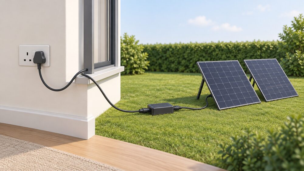 A close-up of a standard three-pin plug pushed into a wall socket, its cable running out through a window opening to one or two solar panels on the ground outside, with a small microinverter box on the cable between them.