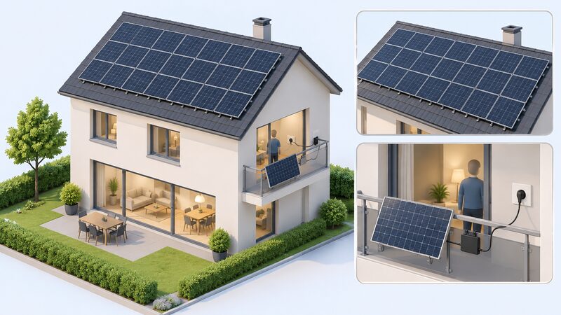 A side-by-side view of a house showing a large professional rooftop array of many panels on the main roof, next to a single-panel plug-in kit mounted on a balcony railing with its cable running to a standard three-pin wall socket indoors, drawn to the same scale.