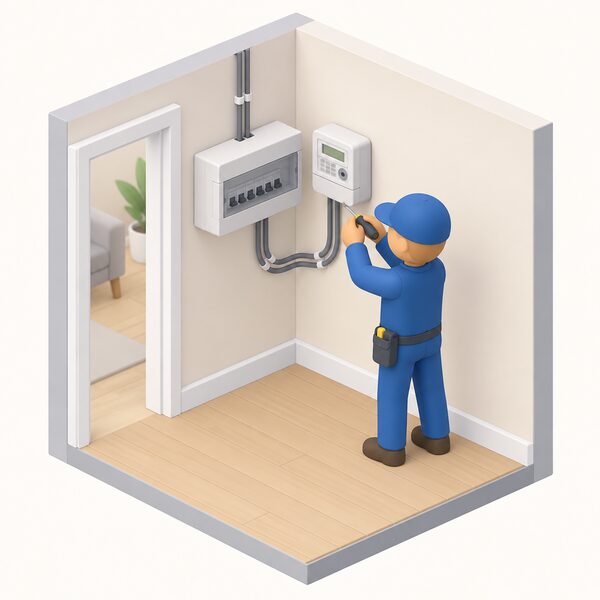 A simplified isometric installer figure fitting a prepayment electricity meter on the inside wall of a home, next to the consumer unit, with the meter connected by visible cable into the household wiring while the installer works with a tool.