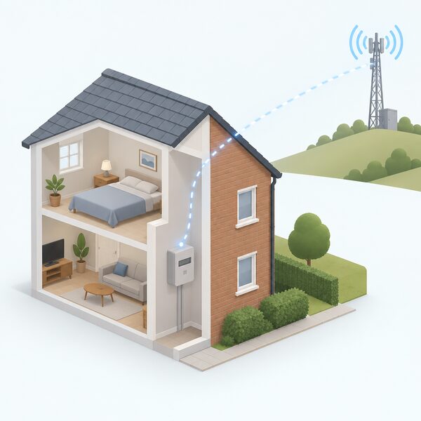 A smart electricity meter mounted on an inside wall of a home, shown in a simple cutaway with a faint signal path travelling from the meter up through the wall to a distant communications mast, indicating the supplier can switch its payment mode remotely without anyone entering the property.