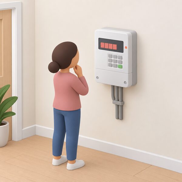 A domestic prepayment electricity meter mounted on an interior wall, its display showing a debt balance as plain blank blocks, with a small simplified figure standing beside it looking at the screen.