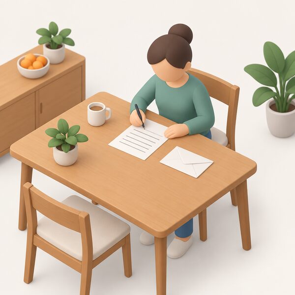 A handwritten letter on paper lying on a kitchen table beside an envelope, with a simplified seated figure writing it, the scene showing a customer putting their vulnerability into writing to send to their energy supplier.