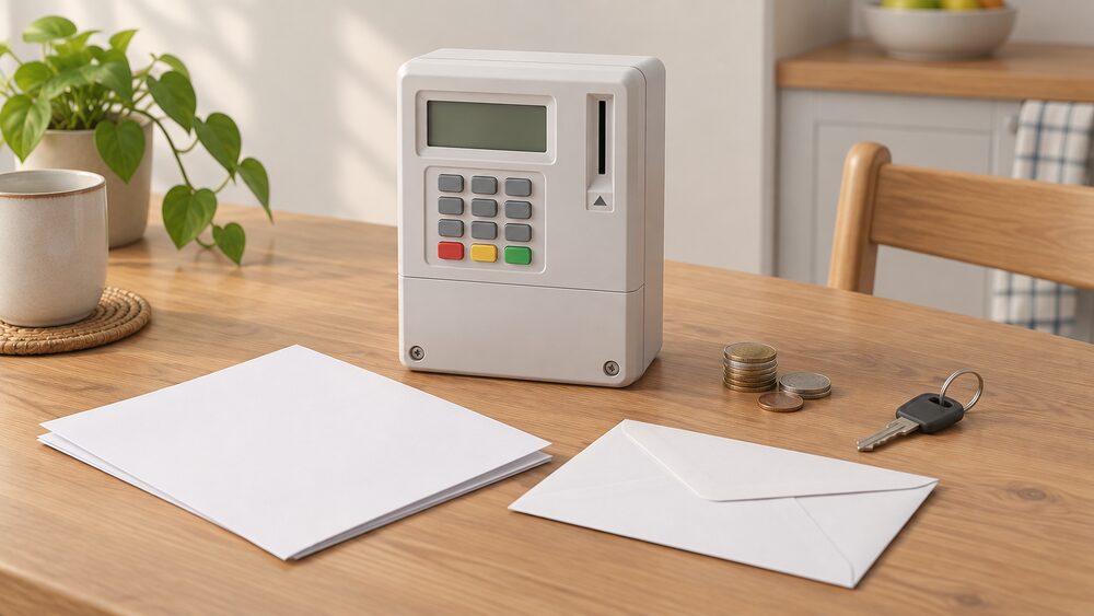 A prepayment electricity meter unit standing on a kitchen table beside blank paperwork, a plain envelope, a small stack of coins and a front-door key, arranged as the moment a household faces a meter being imposed for debt.