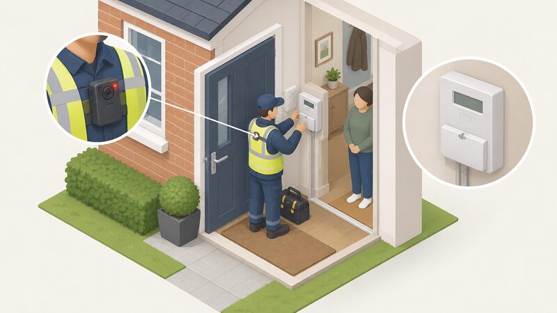 At the front door of a house, a supplier representative wearing a body camera on their chest fits a prepayment meter, shown as a small isometric figure at the doorstep during a warrant installation visit.