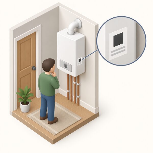 A small isometric householder figure looking at a wall-hung domestic boiler in a home, with a close-up view of the boiler's label carrying a plain conformity mark shown as a simple blank symbol block with no readable text or numbers.