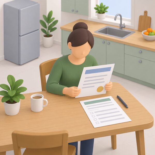 A householder at a kitchen table holding a printed installation certificate, its content shown only as blank lines and plain colour blocks, with a grant application form beside it also bearing blank lines only.