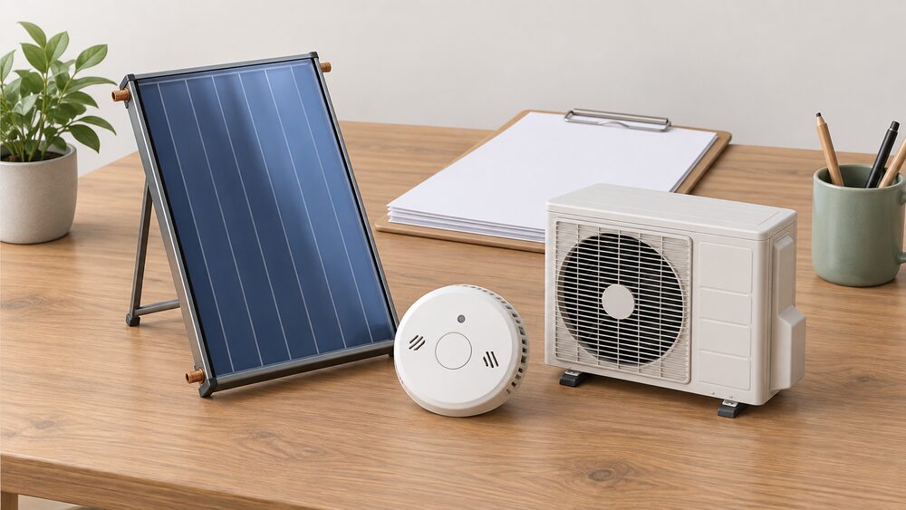 A tabletop arrangement showing a small solar thermal collector panel standing upright, a round carbon monoxide alarm beside it, and a compact white heat pump model, all grouped on a wooden table with blank paperwork and a clipboard behind them.