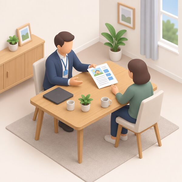A sales representative sits at a home dining table with a householder, handing over a printed sheet showing a simplified performance estimate for the proposed renewable system, with blank lines and plain blocks instead of readable figures.