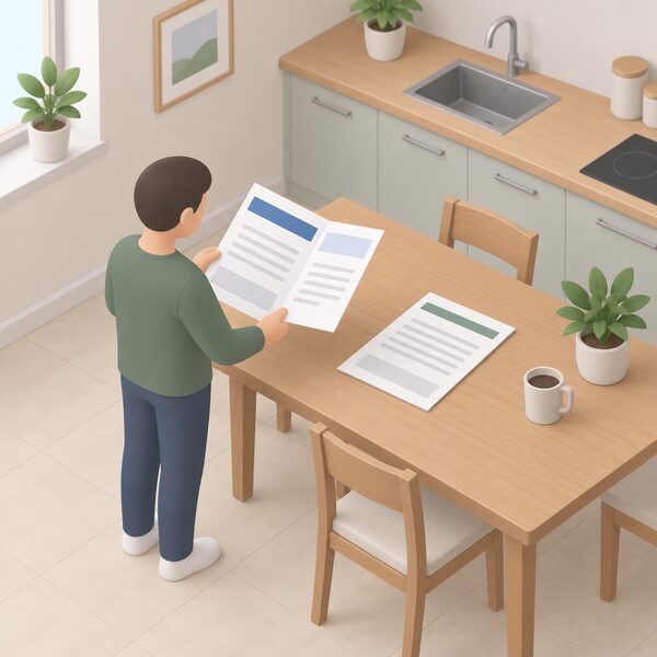 A folded insurance backed workmanship warranty document lying on a kitchen table beside a solar PV installation contract, with a simplified isometric householder figure standing nearby holding the document open, its pages showing only blank lines and plain colour bands with no readable words or numbers.