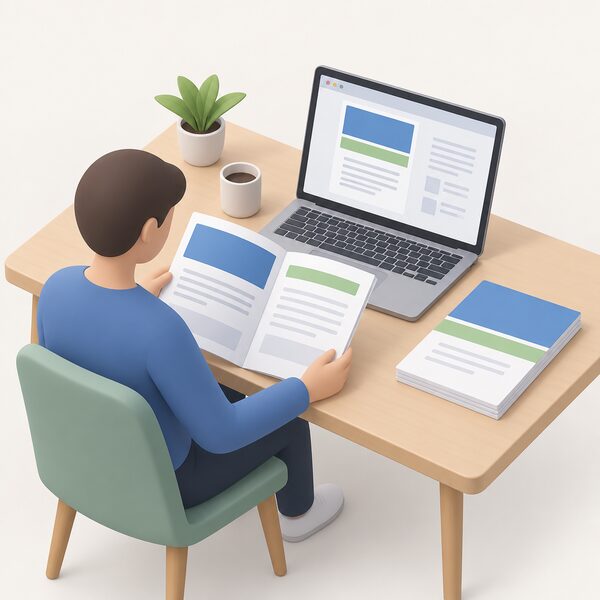 A printed annual monitoring report lying on a desk beside a laptop whose screen shows a website page, with a simplified isometric figure seated reading the report, the document's cover and pages shown only as plain colour bands and blank lines.