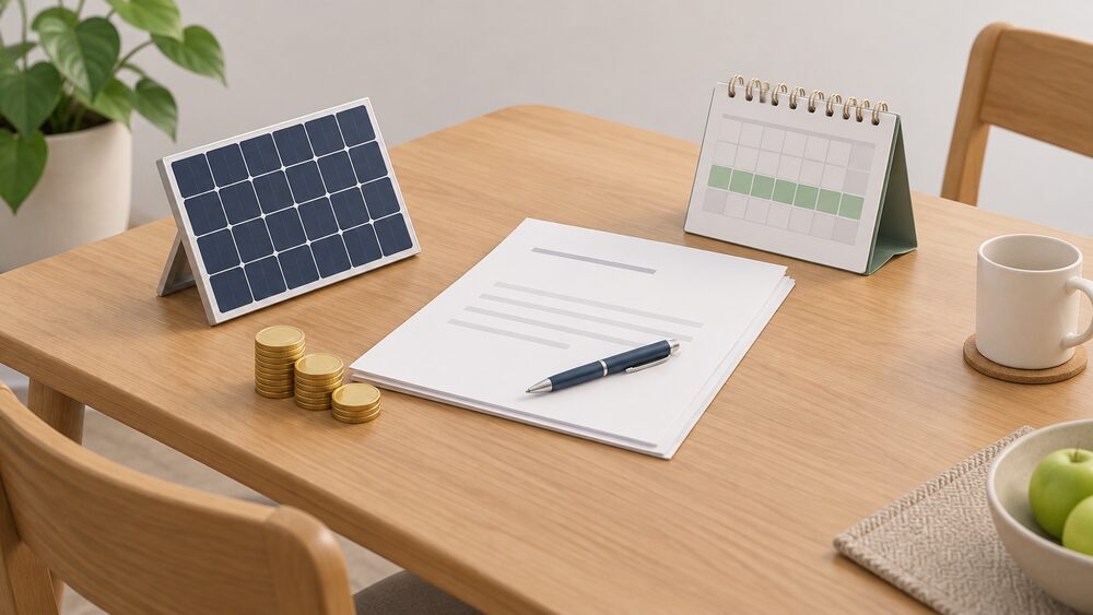A kitchen table with blank quote paperwork and a pen, a small model solar panel leaning beside it, a few coins standing for a deposit, and a calendar showing a two-week span, suggesting a household checking a renewable installation contract before signing.