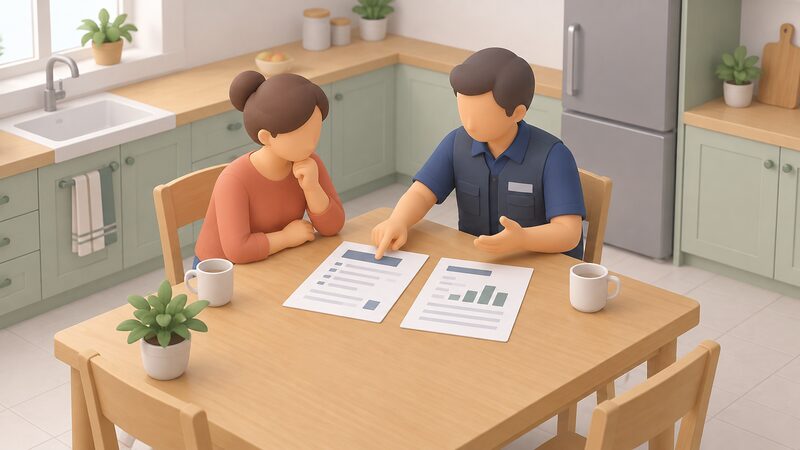 A householder and an installer sit together at a kitchen table, the installer pointing to two printed sheets, a written quotation and a performance estimate shown as plain blank lines and simple blocks, while discussing the small-scale renewable system being offered.