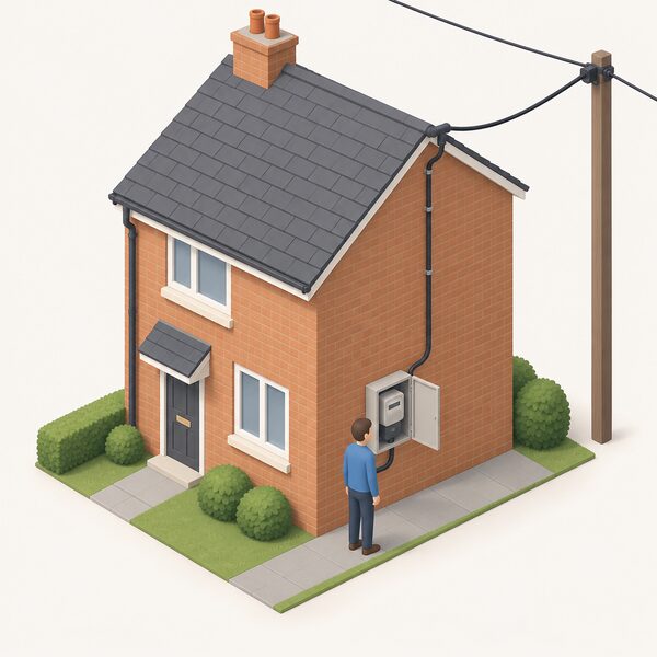 A simplified isometric view of a house's outside wall with a domestic electricity meter box and supply cable running from it up to the overhead grid line, showing the home still connected, with a small figure standing beside the meter looking at it.