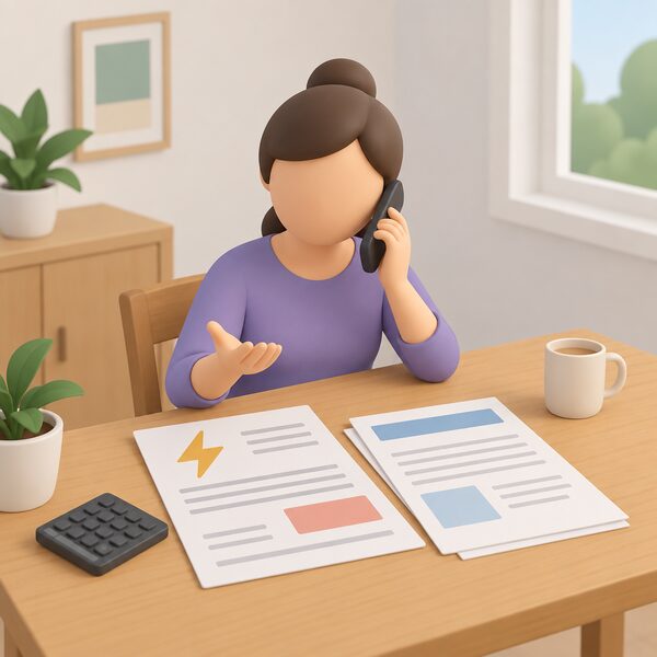 A simplified householder sits at a home table speaking on a mobile phone, with an energy bill and complaint paperwork laid out beside them as physical documents with blank lines and plain blocks, no readable words or numbers.