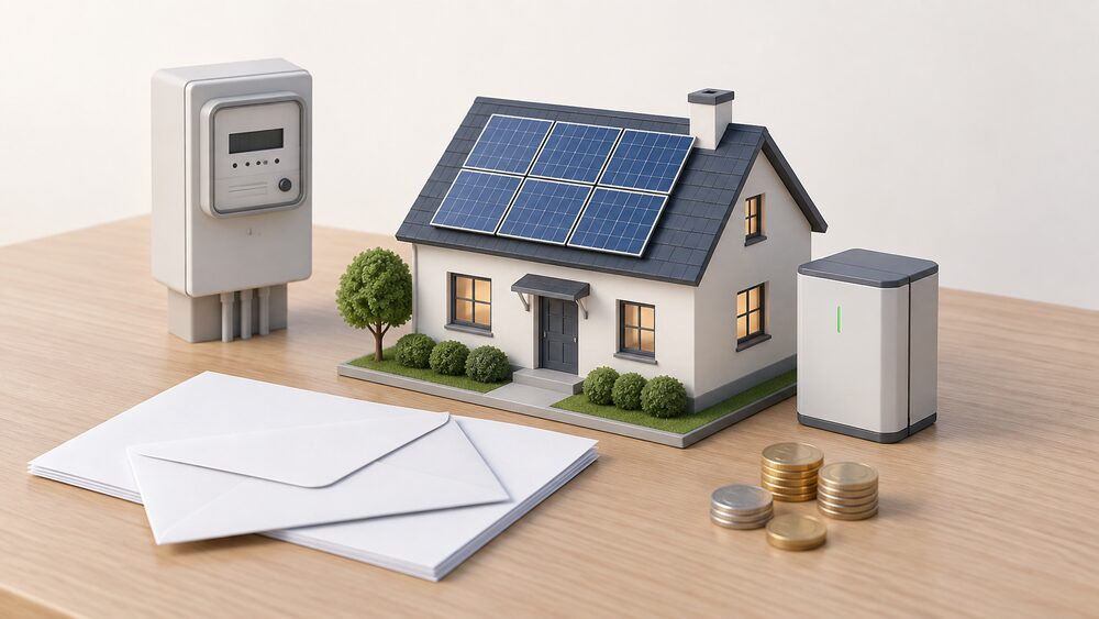 A small model house with solar panels on its roof and a battery box beside it stands on a table next to a blank envelope of paperwork, a house electricity meter-shaped box left untouched, and a few coins, suggesting a household weighing leaving the grid against staying connected.