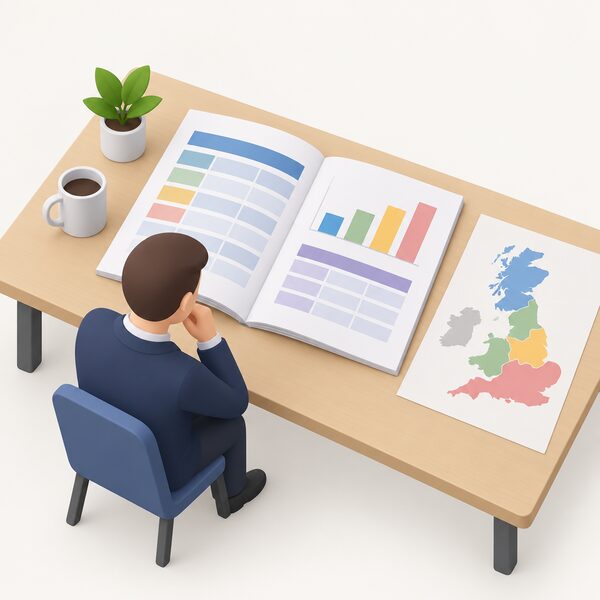 A printed supplier performance report lying open on a desk, its pages showing plain colour-banded tables and simple bar charts with no readable figures, beside a small isometric figure of an official reviewing it, with a simplified outline map of Great Britain with plain colour regions alongside.