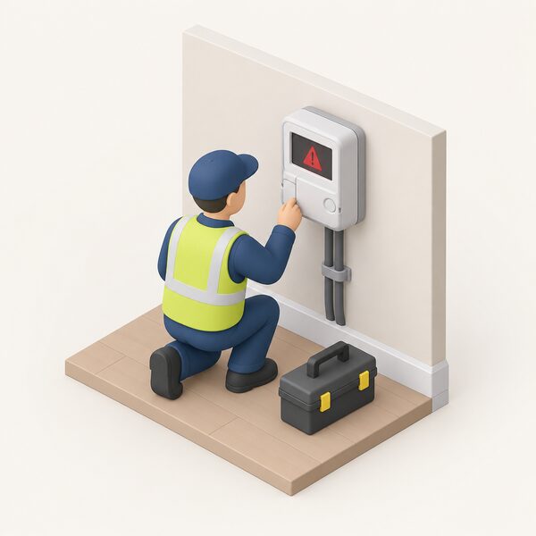 A domestic electricity smart meter mounted on an interior wall, with a small isometric figure of a technician kneeling beside it checking the meter, which is shown as faulty and awaiting repair so it can be returned to working in smart mode.