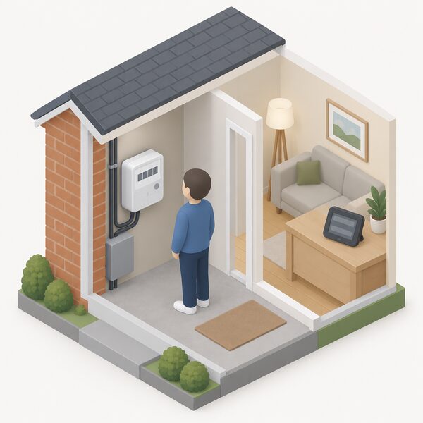 A wall-mounted smart electricity meter near the home's incoming supply, its display showing plain blank indicator blocks, with a simplified isometric householder standing beside it, while the in-home display elsewhere on a table shows no live data.