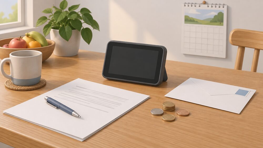 A small in-home display with a blank screen sits on a kitchen table beside a blank complaint letter, a stamped envelope, a handful of coins and a wall calendar, suggesting a household reporting a faulty smart meter and claiming compensation.