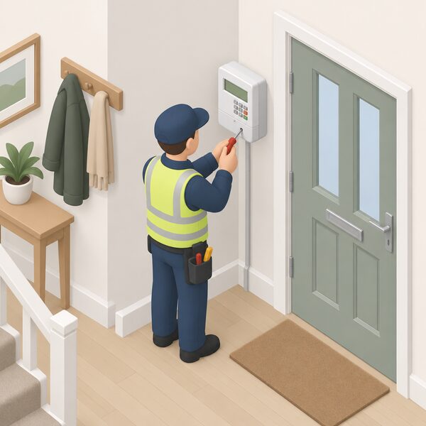 A domestic hallway with a prepayment electricity meter mounted on the wall near the front door, its keypad and display visible, with a simplified isometric figure of an installer standing beside it having just secured the meter in place.