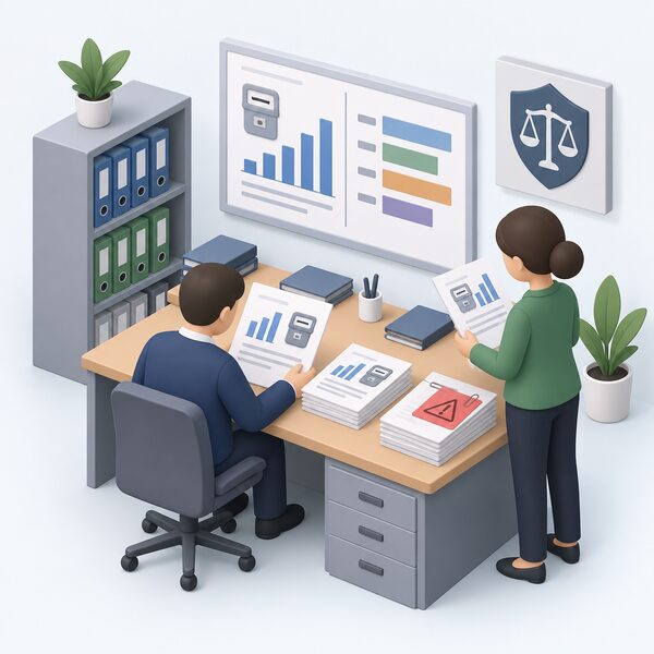 Inside a regulator's office, two simplified isometric staff review printed compliance reports and wall charts tracking suppliers' forced prepayment meter installations, with a document marked as an open investigation pinned among supplier files on a desk.