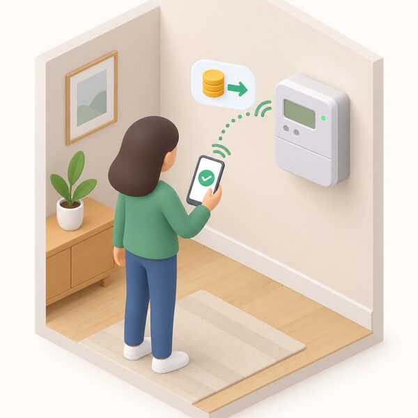 A wall-mounted smart electricity meter in prepayment mode inside a home, with a simplified figure standing beside it holding a smartphone, showing credit being added remotely without visiting a shop.
