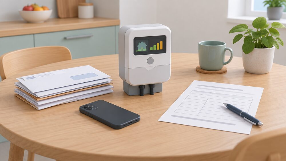 A smart electricity meter with a small display sits on a kitchen table beside a neat stack of unopened letters, a mobile phone face down, and a blank repayment-plan form with a pen resting on it.
