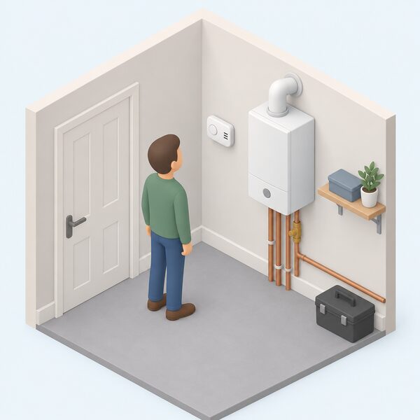 A small wall-mounted carbon monoxide alarm fixed on the wall of a room beside a gas boiler, with a simplified isometric figure glancing at the alarm to show it in place protecting the appliance it serves.