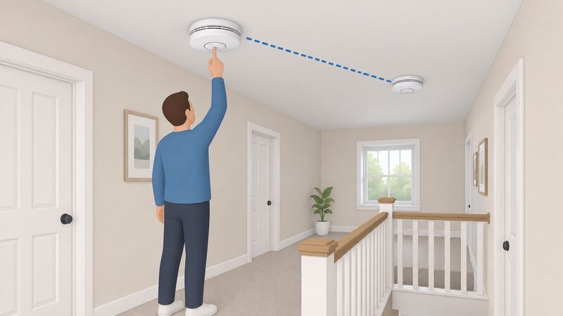 An isometric view of a home hallway ceiling with a round mains-powered smoke alarm in the foreground and a second matching alarm visible further along the landing ceiling, connected by a dotted interlink line, with a simplified figure testing one unit.