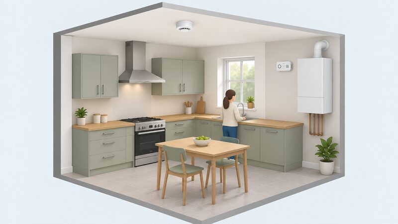 A kitchen ceiling with a round heat alarm mounted well away from the cooker and its extractor hood, and a small carbon monoxide alarm fixed high on the wall beside a wall-mounted gas boiler, shown in a simple cutaway interior view.