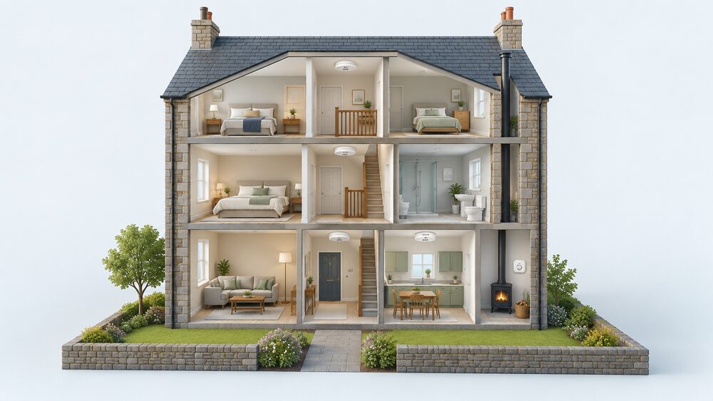 A cutaway three-storey Scottish house showing a heat alarm on the kitchen ceiling, a smoke alarm on the hallway ceiling of each floor, and a carbon monoxide alarm on the wall of the room containing a fixed combustion appliance with a flue.