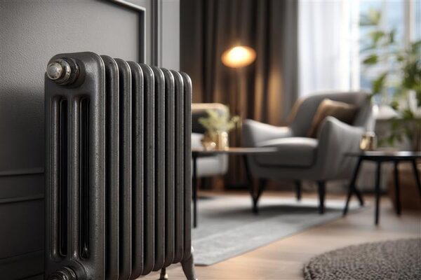 A dark grey column radiator in the foreground of a modern living room with an armchair and lamp in the background