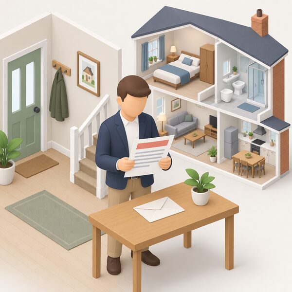 A simplified isometric landlord standing at a table in a home hallway holding an enforcement notice letter about the property, with a house cutaway behind showing it is a rented dwelling, the letter drawn with blank lines and plain colour bands carrying no readable words or figures.