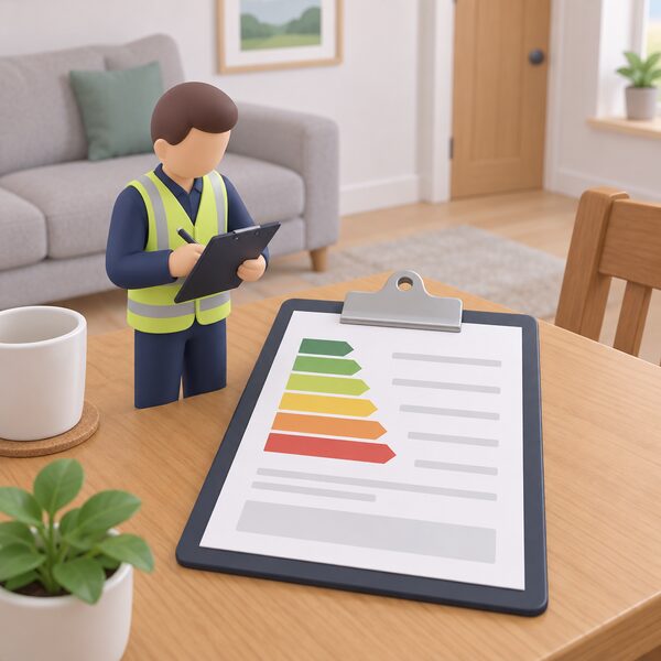 An energy assessor's clipboard holding a simplified EPC certificate sheet rests on a table inside a home, shown as a physical document with blank lines and plain colour bands, beside a small model-style figure of the assessor, with no readable content on the sheet.