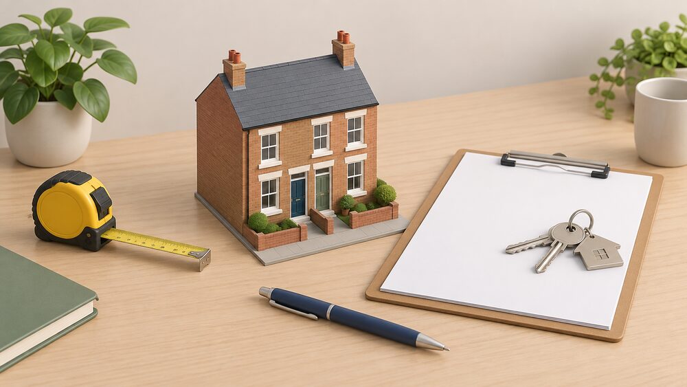 A small model of a terraced house stands on a desk beside blank inspection paperwork on a clipboard, a set of keys, a tape measure and a pen, suggesting a rented home being assessed against a quality standard.