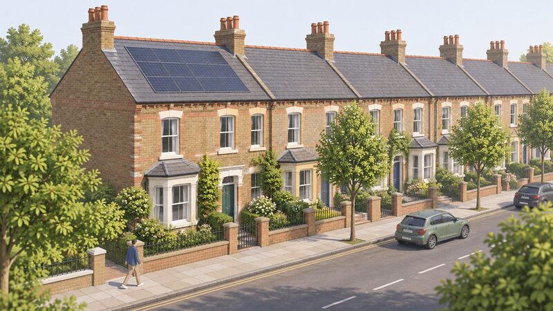 A row of traditional brick terraced houses in a leafy conservation street, with the nearest house's pitched roof carrying solar panels mounted flush within the roof plane so they sit level with the slates rather than standing proud of them.
