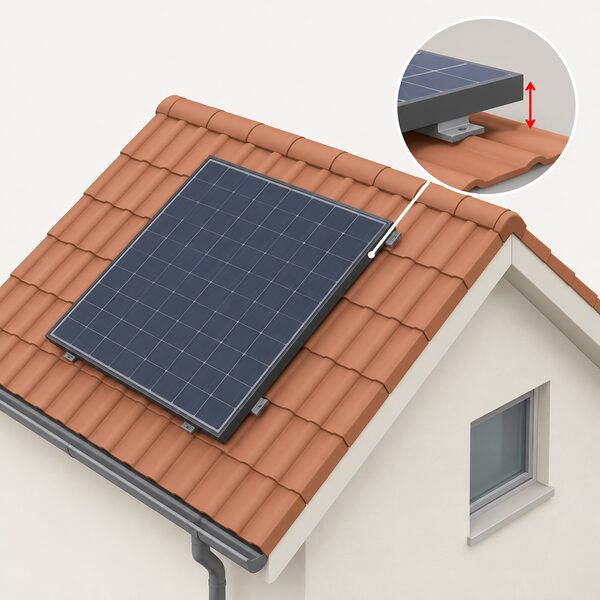 A close-up cutaway view of a pitched roof slope with a solar panel mounted parallel to the tiles on low fixings, a perpendicular measurement line running from the plane of the roof covering out to the furthest point of the panel and its frame, staying within a short distance.
