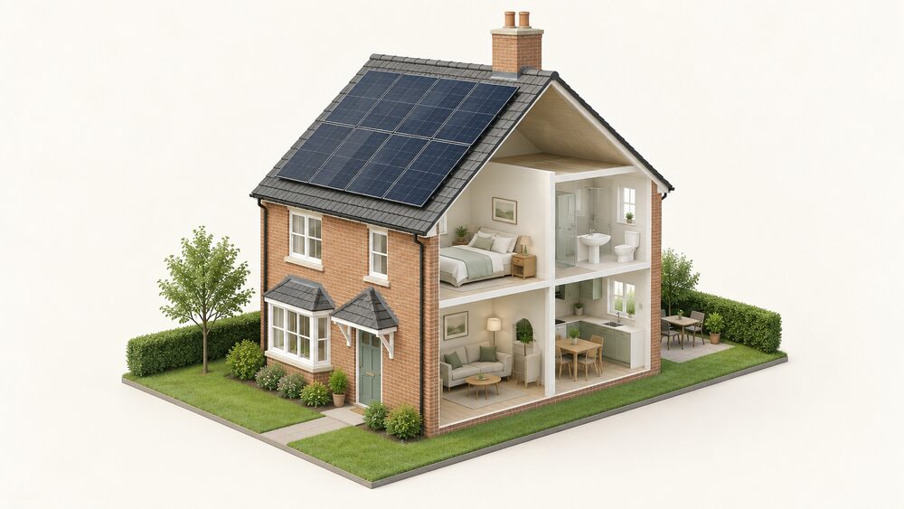 A modest brick house with a pitched roof seen from the side, its front roof slope carrying dark rectangular solar panels mounted flush and close to the roof covering, a chimney rising at the ridge, and a small gap visible between panel and roof tiles showing the shallow projection.
