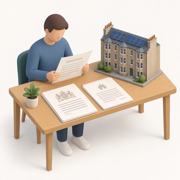 A flat's table with title deeds and a tenancy agreement laid out as physical papers beside a small model of a Scottish tenement block, a simplified figure reading one document, showing the paperwork needed before altering the building.