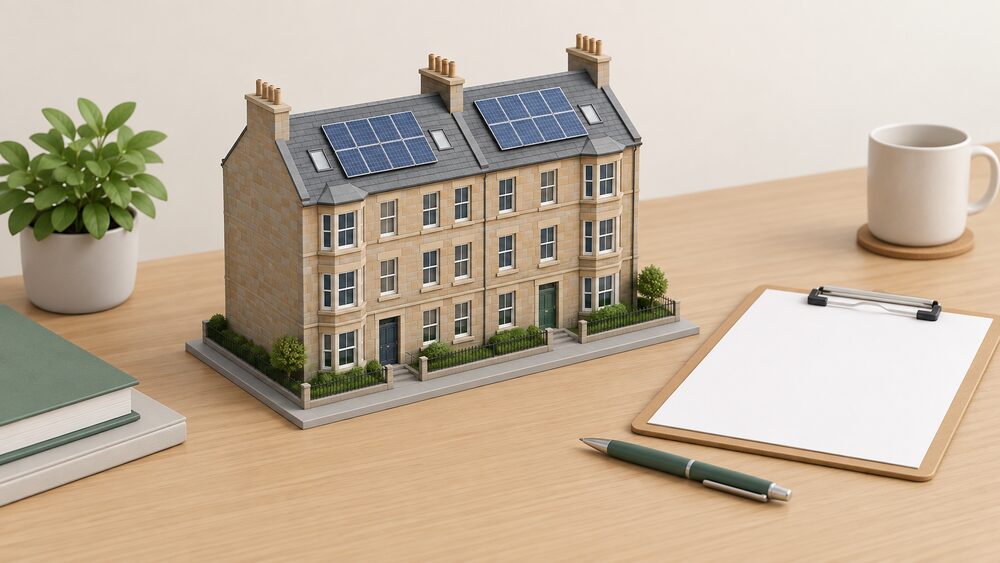 A small model of a Scottish tenement-style block of flats with solar panels on its pitched roof sits on a table beside blank application paperwork, a clipboard and a pen, suggesting the planning question of whether permission is needed.