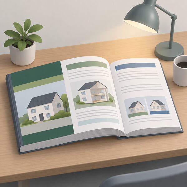 A thick printed handbook lying open on a plain desk, its cover and pages shown with plain colour bands and blank lines only, beside a simple reading lamp, with no readable words or numbers anywhere on it.