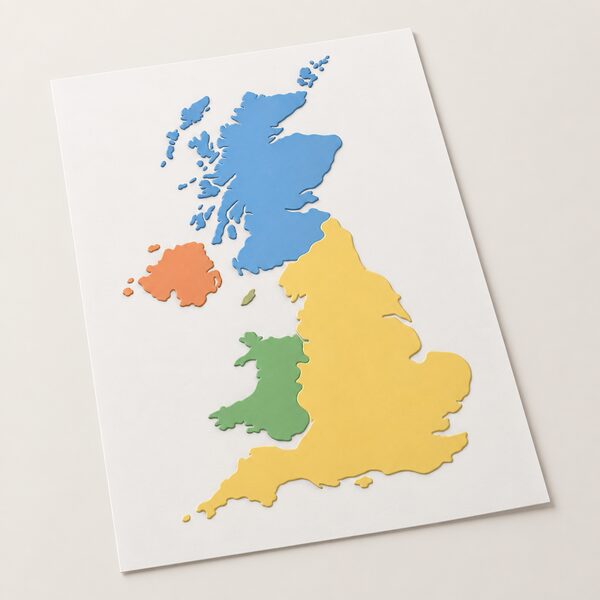 A simplified map of the United Kingdom drawn as a printed sheet with the four nations shown as distinct plain colour regions, England, Scotland, Wales and Northern Ireland, with Northern Ireland shaded differently to reflect that it works to its own technical booklets.