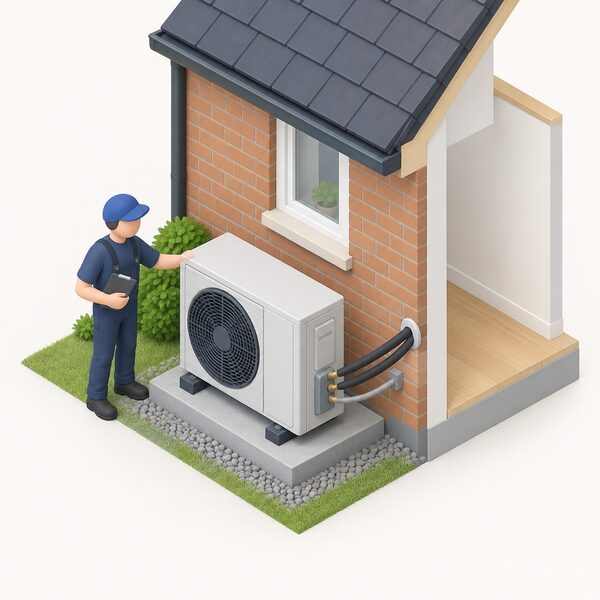 A small isometric figure of an installer standing beside a certified air source heat pump unit on a concrete base outside the external wall of a house, with the refrigerant and electrical connections running through the wall into the home.