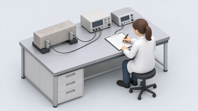 A laboratory bench where a technician tests a construction product sample, with measuring instruments connected to it by cables and the technician writing the observed readings onto a blank record sheet on the bench.