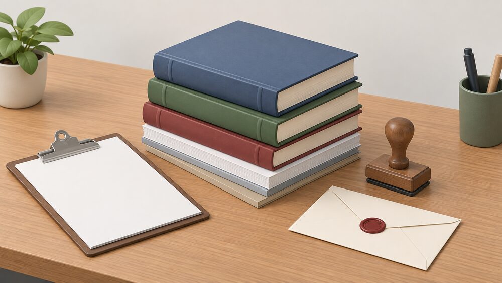 A neat stack of thick bound handbooks and slim blank documents on a wooden desk, with a rubber stamp, a clipboard holding blank paperwork, and a sealed envelope beside them, suggesting the official papers behind home energy rules.