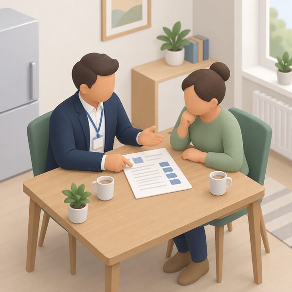 A supplier representative and a householder sit together at a table in a home, reviewing a document showing a payment plan, with plain blocks and blank lines standing in for figures, as they discuss and agree terms the household can afford.